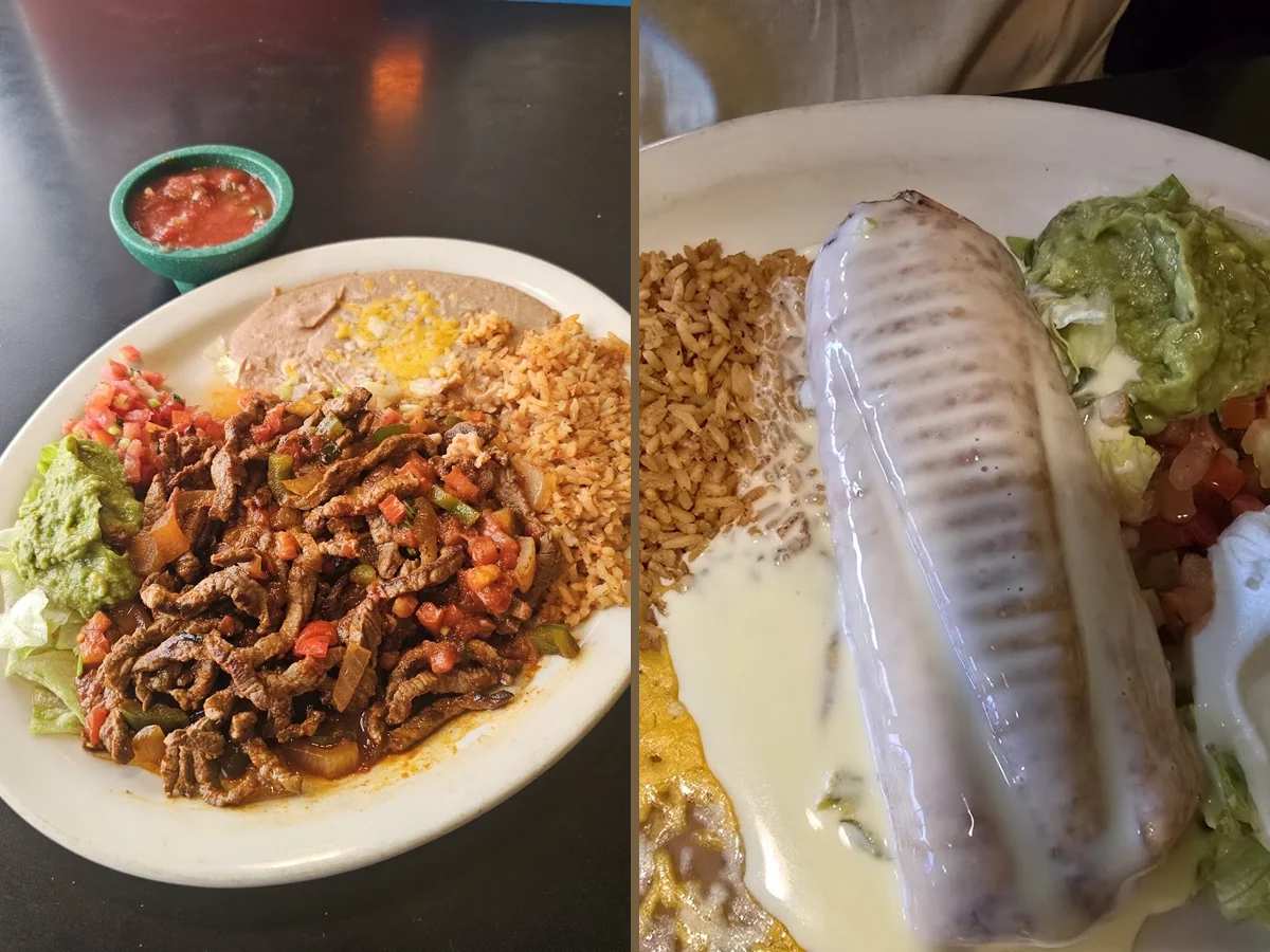 Plates of fajitas and burritos ready to serve.
