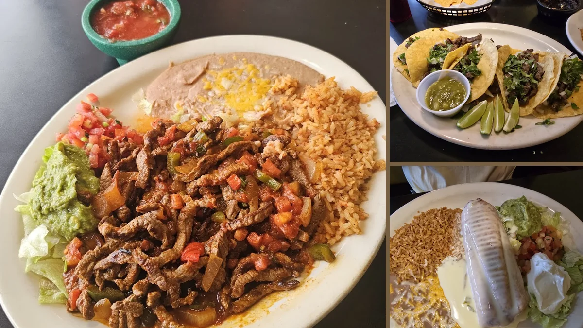 A casual dining table with plated Mexican food.