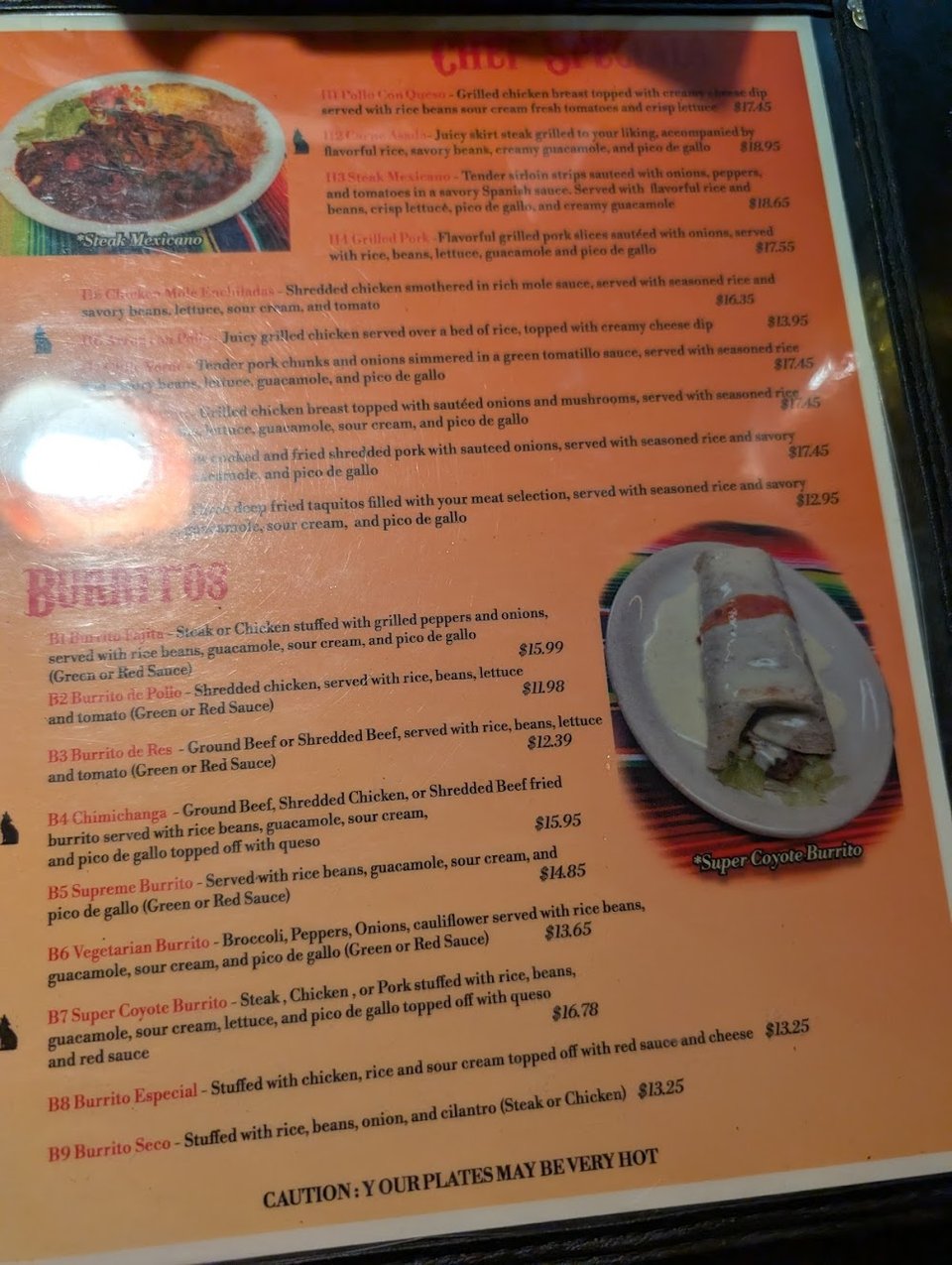 Restaurant menu showing burritos, enchiladas, and fajitas.